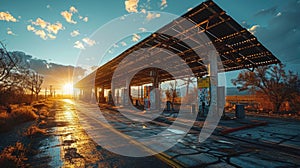 Abandoned gas station at sunset. The concept of environmental pollution