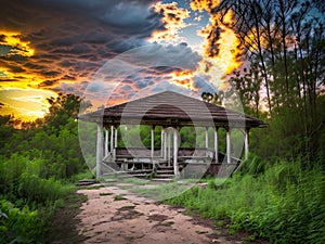 An abandoned gazebo or pavilion has not been inhabited for decades