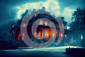 Abandoned ghost house scary night spectacular 3D illustration digital painting