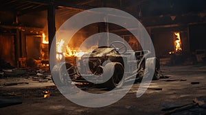 Abandoned Go-kart In Dark Burned Warehouse - Cinematic Close-up Scene