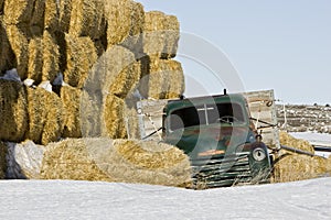 Abandoned Green Farm Truck with hay