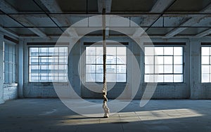 Abandoned gym with large windows and a rope hanging from the ceiling, echoing the silence of the past.