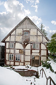 Abandoned half-timbered house in Germany in winter