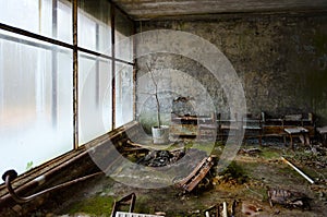 Abandoned hall in hospital, dead ghost town of Pripyat, Chernobyl Nuclear Power Plant exclusion zone, Ukraine