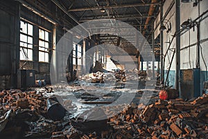 Abandoned, haunted and ruined industrial warehouse or factory building inside, large hall with perspective