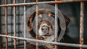 Abandoned homeless dog in shelter cage hungry stray behind rusty bars in animal rescue facility