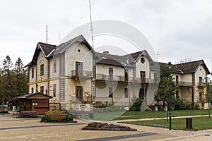 Abandoned hotel. Abandoned house. Derelict house. Pimped hotel. Old hotel. Nobody wanted old house. Beige color autumn.