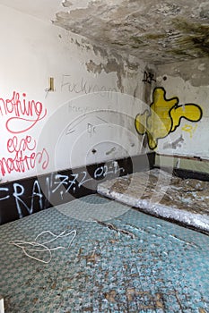 an abandoned hotel room after a raid by vandals