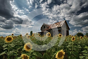 Abandoned house amidst sunflower field