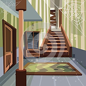 Abandoned house. Broken interior room indoor nobody empty home abandoned building vector cartoon background