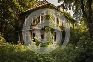 abandoned house, with broken windows and overgrown garden, in the countryside