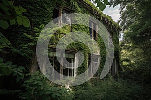 abandoned house with broken windows and overgrown vines, surrounded by the beauty of nature