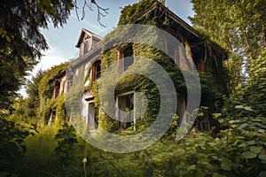 abandoned house with broken windows and overgrown vines, surrounded by the beauty of nature