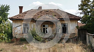 Abandoned house with damaged roof and overgrown vegetation