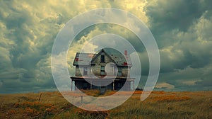 Abandoned house in a field against a stormy sky