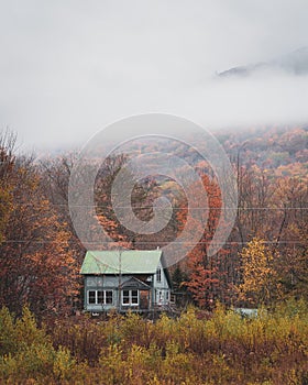 Abandoned house and fog with autumn colors, near Grafton Notch State Park, Maine