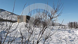 Abandoned house ghost town of Gudym Anadyr-1 Chukotka of far north of Russia.