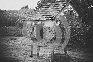 Abandoned house. House barrack with old well in yard