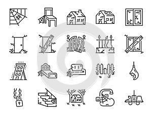 Abandoned house line icon set. Included icons as shabby, old, broken, damaged, scary, dilapidated and more.
