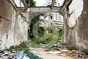 Abandoned house and old commercial buildings in old town area at Shantou downtown or Swatow city in Guangdong, China