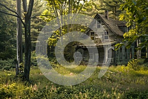 Abandoned house in overgrown greenery