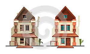 Abandoned house. Repair old building exterior of cottage fixing architectural object new house vector flat pictures