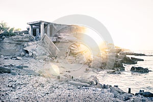 Abandoned house at the beach during sunset in Chelem, Mexico