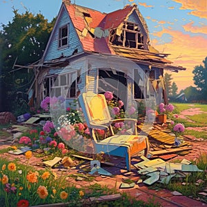 abandoned house, trees and flowers, chair, summer, evening