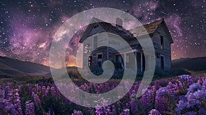 Abandoned house in wildflower field with star trails galaxy - astro and landscape photography