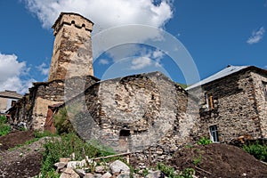 Abandoned houses and ancient Svan towers in Ushguli, Georgia