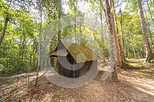 Abandoned hut cottage political military school, Phu Hin Rong Kla National Park, Phitsanulok, Thailand. Historical and Natural