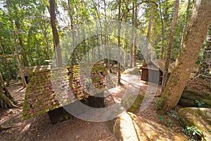 Abandoned hut cottage political military school, Phu Hin Rong Kla National Park, Phitsanulok, Thailand. Historical and Natural