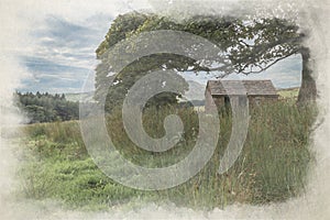 An abandoned hut digital watercolor painting in the Peak District National Park