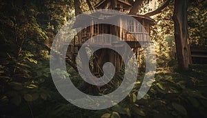 Abandoned hut in old forest, nature mystery generated by AI