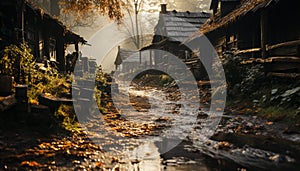 Abandoned hut in old forest, spooky autumn scene generated by AI