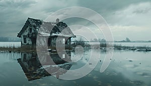 Abandoned hut reflects spooky, broken, old fashioned, winter landscape near water generated