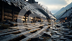 Abandoned hut in snowy landscape, old woodpile, broken construction site generated by AI