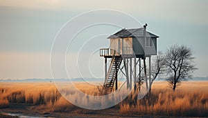 Abandoned hut by tranquil water, dusk beauty in nature generated by AI