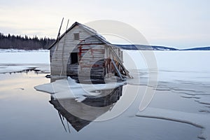 abandoned ice-fishing hut on a frozen lake