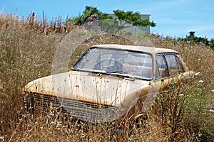 The abandoned and immobile car standing in grass