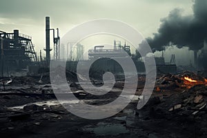 Abandoned industrial area with smoke and smog, toned, Abandoned industrial area in the smoke and smog. Disaster concept, AI