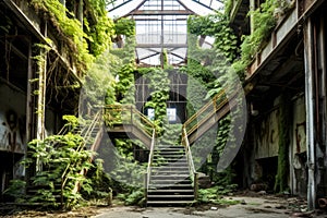 Abandoned industrial building with green plants and stairs in old abandoned factory