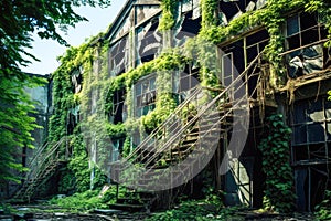 Abandoned industrial building with green plants and stairs in old abandoned factory