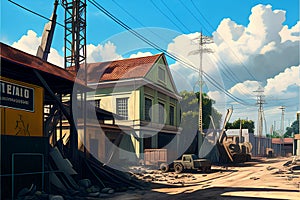 Abandoned industrial building in the middle of the street. Conceptual illustration