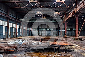 Abandoned industrial building with old rusty bridge crane and metal constructions