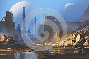 Abandoned industrial buildings with planets in the sky on background