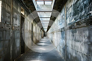 Abandoned industrial corridor with skylights photo