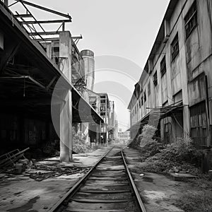 Abandoned industrial factory with rusty metallic warehouse buildings and railway.