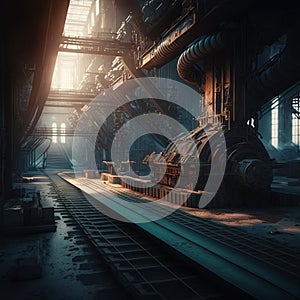 Abandoned industrial interior with old rusty machines. Creepy and dirty technology background. Generative AI