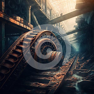 Abandoned industrial interior with old rusty machines. Creepy and dirty technology background. Generative AI